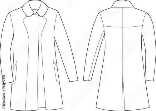 Women’s coat technical sketch, front and back view, fashion flat, tailored silhouette, concealed opening, welt pockets, vented back seam
