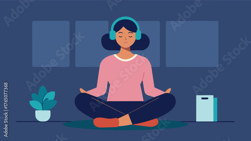 A person sitting in a quiet room eyes closed headphones on using a cognitive therapy app for meditation and mindfulness exercises. Vector illustration