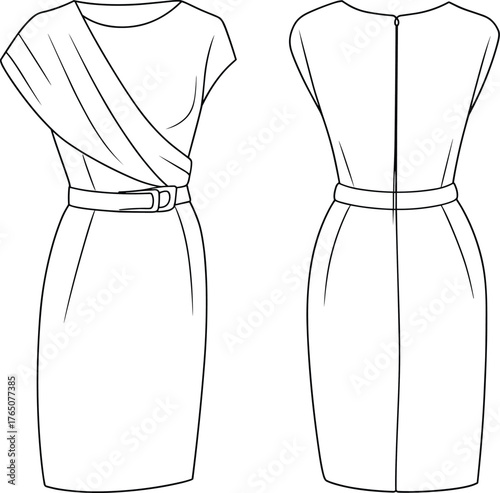 Women's asymmetrical draped dress, fashion flat sketch front back, short sleeve, round neckline, belted waist, technical garment illustration