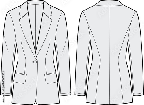 Women's blazer fashion flat, front and back view, tailored jacket sketch, single button coat, technical garment illustration, vector design