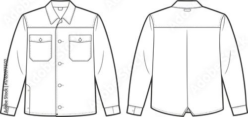 Women's button-up shirt sketch, front and back view, chest pocket blouse, pointed collar design, fashion flat, vector illustration