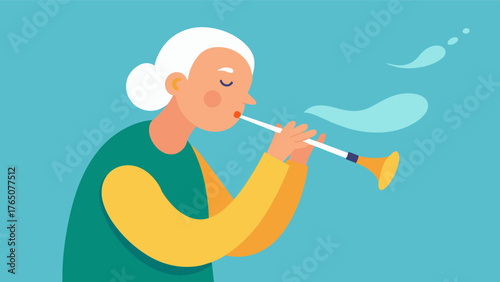 A senior playing a wind instrument using their breath and concentration to create beautiful music. This type of music therapy can help to improve lung function and control for. Vector illustration