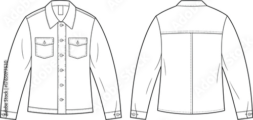 Women's denim jacket sketch, front and back view, button-up coat, chest pockets, fashion flat, vector illustration, topstitch detail