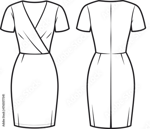 Women's dress technical flat, fashion illustration front back view, wrap bodice, pencil skirt, V-neck, short sleeve, garment design