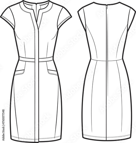 Women's dress technical flat, fashion sketch front back view, knee-length fitted silhouette, short sleeve, notch neckline, patch pockets