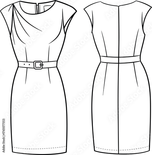 Women's dress technical sketch, front and back view, draped neckline, cap sleeve, belted waist, fashion flat, garment construction, vector illustration