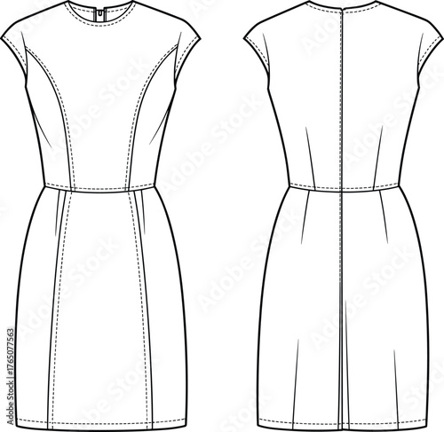 Women's dress technical sketch, front and back view, cap sleeve, princess seam, round neck, fashion flat, garment construction, vector illustration