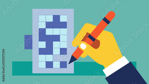 A hand holding a pencil carefully filling in the blanks of a crossword puzzle with steady and deliberate strokes. The concentration on the persons face shows the importance they. Vector illustration
