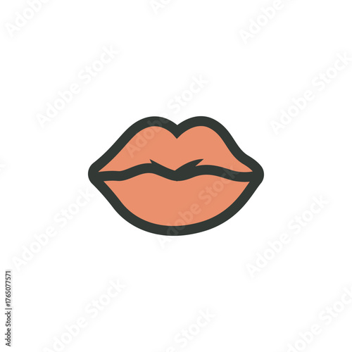 Simple Pop Culture Graphic Icon of Human Lips, Featuring a Stylized Retro Kiss Symbol in a Salmon-Pink Tone with a Thick, Bold Dark Black Contour Outline