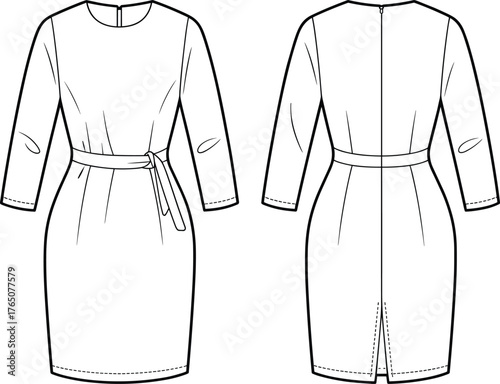 Women's dress technical sketch, front and back view, long sleeve, belt detail, round neckline, fashion flat, garment construction, vector illustration