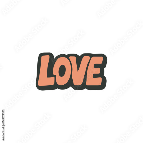 Romantic and Expressive Pop Art Sticker Design Featuring the Word LOVE in a Classic Retro Aesthetic with Bold, Dark Outlined, Salmon-Pink Block Lettering