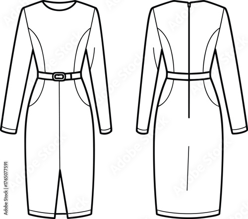 Women's dress technical sketch, front and back view, long sleeve, curved panel seam, front slit, fashion flat, garment construction, vector illustration