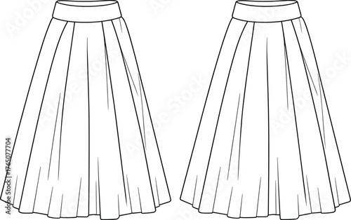 Women's pleated skirt sketch, front view, flared silhouette, waistband detail, vertical pleats, fashion flat, vector illustration, line drawing