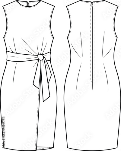 Women's sheath dress sketch, fashion flat front back, sleeveless, round neckline, knotted belt detail, fitted silhouette, technical illustration