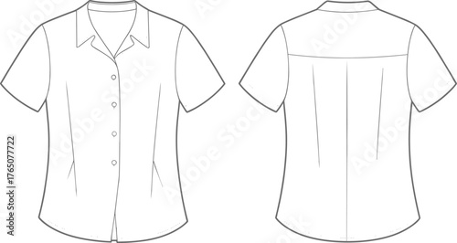 Women's short sleeve blouse sketch, front and back view, V-neck button shirt, dart shaping, fashion flat, vector illustration
