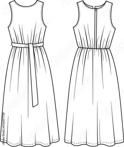 Women's sleeveless dress sketch, front and back view, belted A-line silhouette, round neckline, zipper back, fashion flat, vector illustration