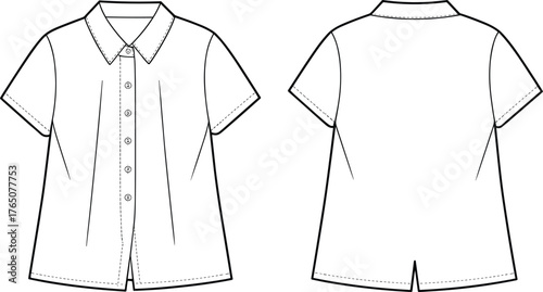 Women's short sleeve shirt sketch, front and back view, button-up blouse, pointed collar design, fashion flat, vector illustration