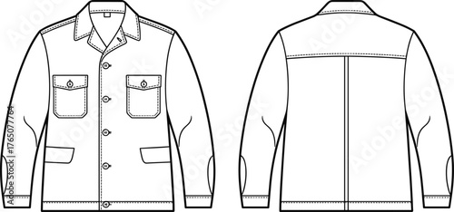 Women's structured jacket sketch, front and back view, button-down coat, chest and welt pockets, fashion flat, vector illustration