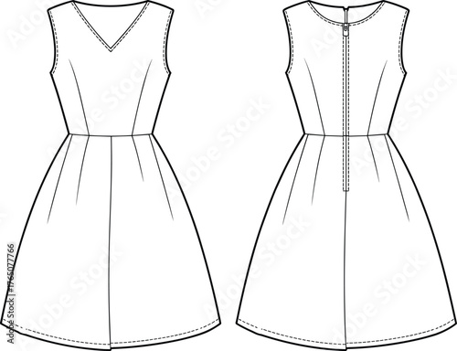 Women's sleeveless dress sketch, front and back view, pleated skirt, V-neck bodice, zipper back, fashion flat, vector illustration