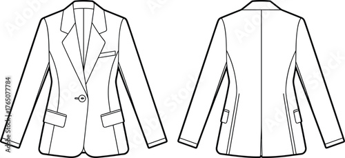 Women's tailored blazer sketch, front and back view, single-button coat, notched lapel design, fashion flat, vector illustration, fitted shape