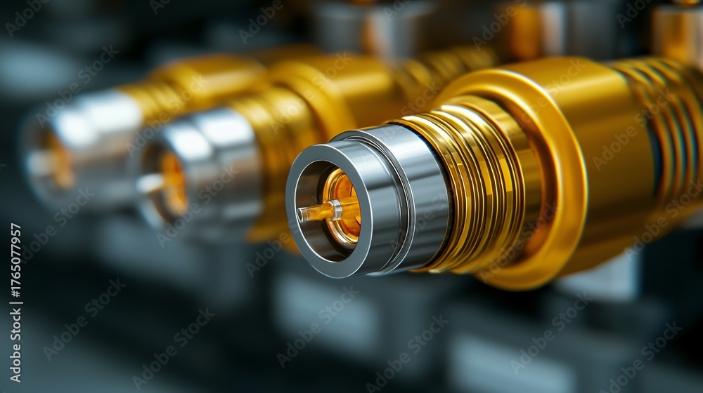 Obraz premium Macro shot of dual hydrogen-SAF nozzle connecting clean fuel line to aircraft wing.