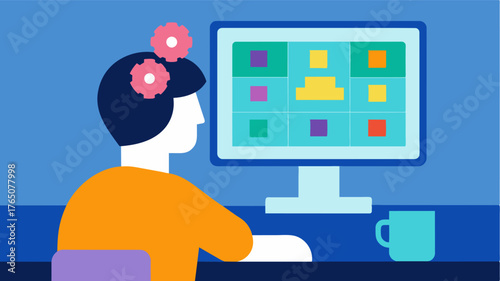 A person playing a memory game on a computer utilizing technology to engage in cognitive stimulation therapy exercises in a fun and interactive way.. Vector illustration