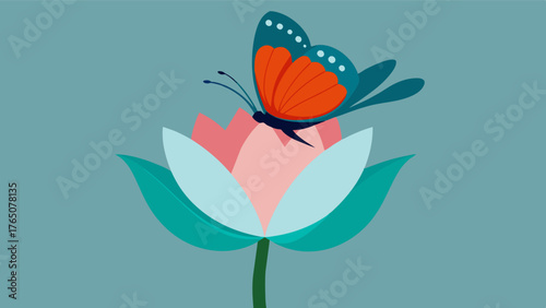 A closeup of a butterfly perched on a blooming flower symbolizing the interconnectedness of nature and fostering a sense of mindfulness.. Vector illustration