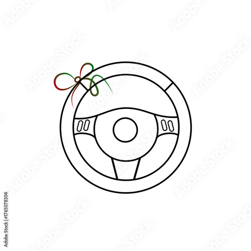 Minimalist line art icon of a modern car steering wheel with a decorative ribbon, isolated on transparent background, perfect for travel, driving and transportation designs