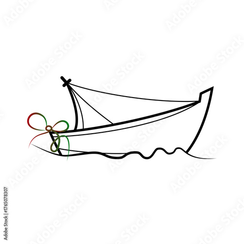 Minimalist line art icon of a sailing boat with a decorative ribbon, isolated on transparent background for travel, adventure and sea journey themes