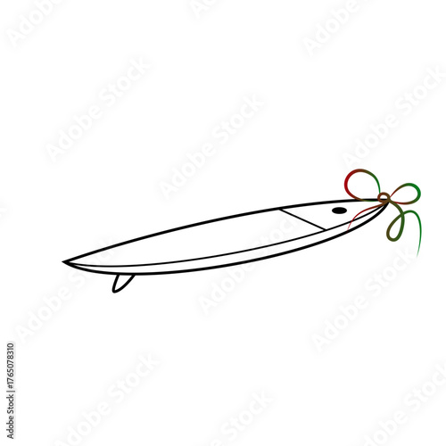 Minimalist line art icon of a surfboard with a decorative ribbon, isolated on transparent background, perfect for travel, adventure and beach sport themes
