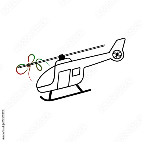 Minimalist line art icon of a helicopter with a decorative ribbon, isolated on transparent background, perfect for travel, adventure and air transportation concepts