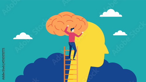 A person climbing a ladder towards a shining brain symbolizing the progress and growth that can be achieved through attending CBT sessions.. Vector illustration