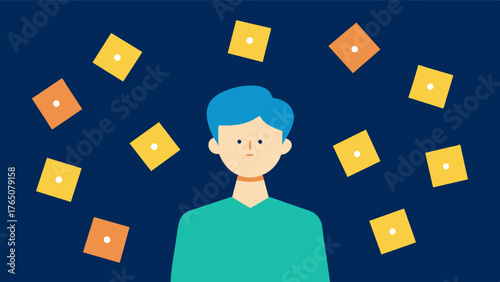 A person surrounded by postit notes representing the use of memory aids in daily life to compensate for and strengthen memory recall.. Vector illustration