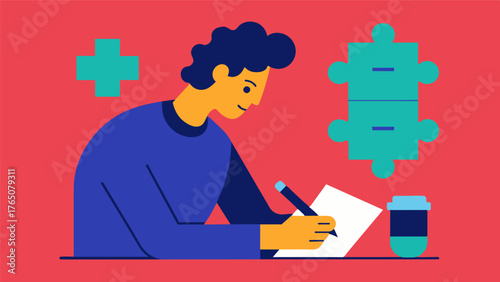 A person using a pen and paper to complete puzzles and riddles as part of a structured cognitive training program for problemsolving skills.. Vector illustration