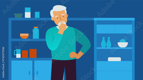 A senior man standing in front of a pantry his hand on his chin as he tries to remember what he was looking for lost in thought.. Vector illustration