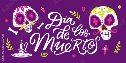 Day of the Dead Dia de los Muertos sugar skulls with candles flowers and decorations celebrating Mexican tradition and remembrance on purple background vector illustration design