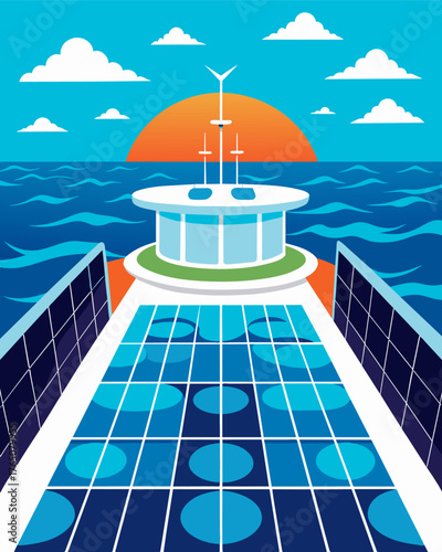 A view from the top of the ship reveals the intricate web of solar panels covering its deck generating clean energy as it travels through the vast ocean.. Vector illustration