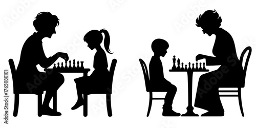 Set of two grandma playing chess with kids (boy and girl) silhouettes