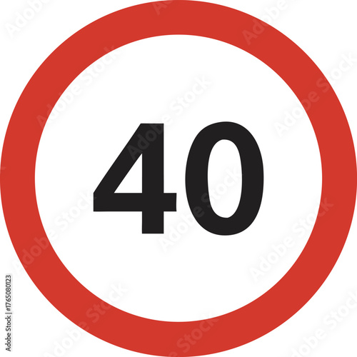 Speed limit sign showing 40 number in circle for road safety driving regulations traffic control white background