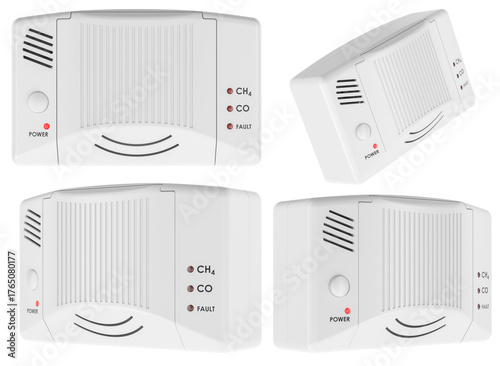 Methane and carbon monoxide gas detector, shown from multiple angles. 3D rendering