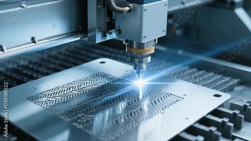 A video showing the process of applying a laser engraving pattern to a metal plate using a CNC machine. Camera movements to zoom in. 4K.