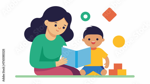 A mother and her toddler reading an interactive book that teaches basic concepts such as colors numbers and shapes through touchandfeel elements and interactive games.. Vector illustration