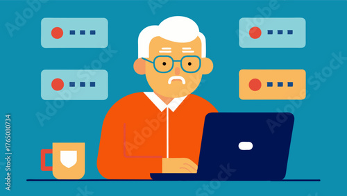A senior citizen struggling to remember their password and repeatedly typing in different combinations getting locked out of their account.. Vector illustration
