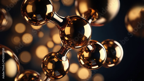 Glossy golden molecular structure on dark background. Skincare innovation, cosmetic science, dermatology research, anti-aging technology, beauty formula