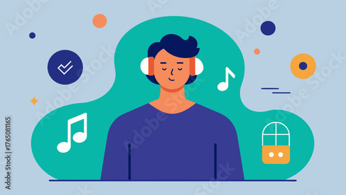 A graphic of a person with bipolar disorder using music therapy to regulate their emotions and improve mood stability by listening to a personalized playlist of songs that reflect. Vector illustration