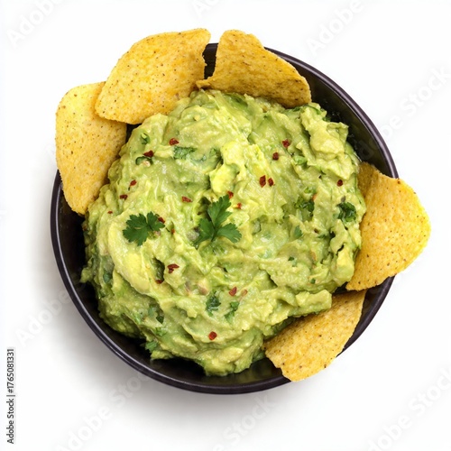 Homemade Guacamole Dip with Crispy Tortilla Chips in a Black Bowl, Overhead View Isolated on White.