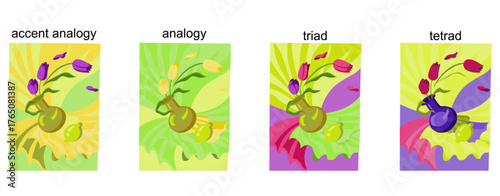 Color harmonies accent analogy, analogy, triad, tetrad on the example of still life. Vector illustration isolated on white background.