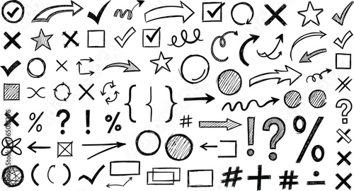 Collection of hand drawn sketch symbols and icons including checkmarks arrows circles and question marks isolated on transparent background silhouette