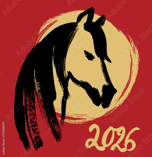 Print Abstract ILLUSTRATION of the year 2026 with a horse drawn in the style of Chinese calligraphy in vector. Vector illustration