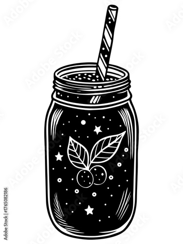Refreshing smoothie in mason jar with berries and leaves, striped straw adds charm. Smoothie in mason jar showcases colorful ingredients, perfect for health enthusiasts.